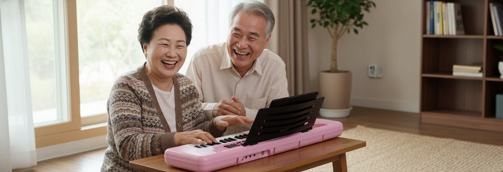 어르신이 전자피아노를 연주하는 모습